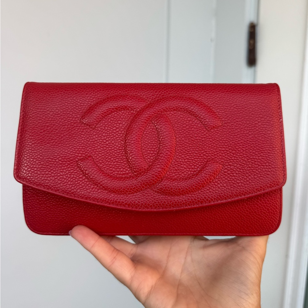 Vintage Chanel Red Caviar Leather Clutch Authentic, with Aftermarket Chain - Picture 7 of 14